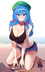 Rule 34 | 1girl, bare shoulders, blue eyes, blue hair, blush, breasts, cleavage, closed mouth, collarbone, expressionless, full body, green hat, hair between eyes, hair bobbles, hair ornament, hat, highres, kaliningradg, kawashiro nitori, kneeling, large breasts, long hair, looking at viewer, low twintails, navel, pencil, shorts, solo, tank top, touhou, twintails, wrench, ||/
