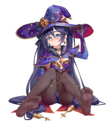 Rule 34 | 1girl, absurdres, black pantyhose, blue eyes, blush, feet, genshin impact, hair between eyes, hat, highres, large hat, leotard, long hair, looking at viewer, mona (genshin impact), pantyhose, simple background, soles, thighs, toes, twintails, witch hat