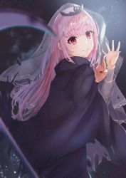 Rule 34 | 1girl, absurdres, black cape, black nails, cape, closed mouth, commentary, commentary request, english commentary, haru yu, highres, hololive, hololive english, huge filesize, light blush, long hair, looking at viewer, mori calliope, nail polish, pink eyes, pink hair, scythe, see-through, see-through sleeves, smile, solo, straight hair, tiara, veil, virtual youtuber