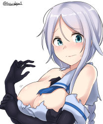 Rule 34 | 1girl, absurdres, areola slip, bare shoulders, black gloves, blush, braid, breasts, cleavage, elbow gloves, frown, gloves, green eyes, hair between eyes, highres, kantai collection, kiritto, large breasts, long hair, looking at viewer, mole, mole under eye, purple hair, sailor collar, school uniform, serafuku, simple background, single braid, solo, torn clothes, twitter username, umikaze (kancolle), upper body, white background, white sailor collar