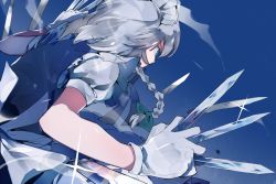Rule 34 | 1girl, between fingers, blue dress, blue eyes, blue ribbon, blue sky, bow, braid, cloud, commentary request, dress, from behind, gloves, green bow, hair bow, holding, holding knife, holding weapon, ikurauni, izayoi sakuya, knife, knives between fingers, maid, maid headdress, neck ribbon, puffy short sleeves, puffy sleeves, ribbon, short hair, short sleeves, silver hair, sky, solo, sparkle, touhou, upper body, weapon, white gloves