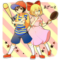 Rule 34 | 1boy, 1girl, biseibutu, black hair, blonde hair, blue eyes, bow, child, dress, glasses, hair bow, hat, mother (game), mother 2, ness (mother 2), nintendo, open mouth, paula (mother 2), pink dress, shirt, short hair, short sleeves, smile, striped clothes, striped shirt