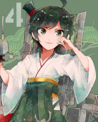 Rule 34 | 10s, 1girl, ahoge, anchor, black hair, furisode, green eyes, green hakama, gun, hakama, hakama skirt, hat, itomugi-kun, japanese clothes, kantai collection, kimono, looking at viewer, machinery, matsukaze (kancolle), meiji schoolgirl uniform, mini hat, mini top hat, open mouth, short hair, skirt, solo, swept bangs, top hat, wavy hair, weapon, white kimono