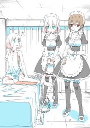 Rule 34 | 3girls, ?, absurdres, amputee, apron, bandages, bare legs, bare shoulders, barefoot, barikios, bars, bed, chain, clone, collar, cuffs, dress, dungeon, expressionless, female focus, frills, full body, green eyes, highres, indoors, jitome, maid, maid apron, maid headdress, mop, multiple girls, naked apron, naked shirt, original, puffy short sleeves, puffy sleeves, red eyes, restrained, shirt, short hair, short sleeves, sitting, skirt, spoken question mark, standing, waist apron, yokozuwari