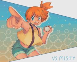 Rule 34 | 1girl, asymmetrical hair, back, bare arms, bare legs, bare shoulders, blush, border, breasts, cowboy shot, creatures (company), crop top, cutoffs, game freak, green eyes, green shorts, grin, gym leader, hair bun, hair tie, halftone, halftone background, holding, holding poke ball, legs, legs together, looking at viewer, malan, medium breasts, medium hair, micro shorts, midriff, misty (pokemon), navel, nintendo, orange hair, pants, poke ball, poke ball (basic), poke ball (generic), pokemon, pokemon (anime), pokemon (classic anime), ponytail, shirt, short hair, short shorts, shorts, side ponytail, simple background, single hair bun, sleeveless, sleeveless shirt, smile, solo, standing, suspenders, thighs, white background, white border, wide hips, yellow shirt