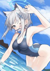 Rule 34 | 1girl, animal ears, arm up, blue archive, blue eyes, breasts, cat ears, cleavage, competition swimsuit, cross hair ornament, extra ears, fataaa, fish, fish in mouth, grey hair, hair ornament, halo, highres, kneeling, medium breasts, ocean, one-piece swimsuit, one eye closed, outdoors, partially submerged, shiroko (blue archive), short hair, sideboob, sky, solo, swimsuit, wet