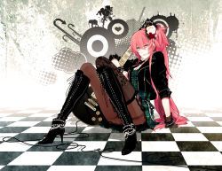 Rule 34 | 1girl, alternate hairstyle, aqua eyes, boots, casual, fashion, flower, gloves, guitar, hair flower, hair ornament, highres, instrument, jewelry, katase waka, long hair, megurine luka, pantyhose, pink hair, rose, side ponytail, single thighhigh, sitting, smile, solo, thighhighs, vocaloid
