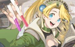 Rule 34 | 1girl, :d, atelier (series), atelier marie, blonde hair, blue eyes, blush, book, book stack, breasts, brick wall, cape, cleavage, earrings, flask, green cape, green headwear, hair intakes, highres, holding, holding flask, hood, jewelry, long hair, long sleeves, looking at viewer, marie (atelier), medium breasts, open book, open mouth, paper, shiomiya iruka, smile, solo, teeth, upper body