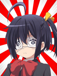 Rule 34 | 1girl, ahoge, black jacket, bow, bowtie, chuunibyou demo koi ga shitai!, commentary request, double eyepatch, eyepatch, firopito, frown, hair between eyes, hair ribbon, highres, jacket, medical eyepatch, portrait, red background, red bow, red bowtie, ribbon, short hair, side ponytail, solo, takanashi rikka, white background, yellow ribbon