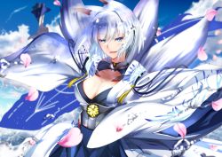 Rule 34 | 1girl, :d, animal ears, azur lane, blue eyes, blue skirt, blush, breasts, cleavage cutout, clothing cutout, commentary request, day, fox ears, fox girl, fox tail, highres, ishida katsuzane, japanese clothes, kaga (azur lane), kimono, kitsune, large breasts, long sleeves, looking at viewer, multiple tails, open mouth, outdoors, petals, short hair, silver hair, skirt, smile, solo, splashing, tail, water, white kimono, wide sleeves
