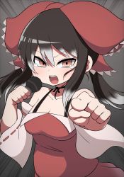 Rule 34 | 1girl, black hair, blush, bow, breasts, camisole, cleavage, commentary, cookie (touhou), detached sleeves, frilled bow, frills, hair between eyes, hair bow, hakurei reimu, highres, holding, holding microphone, long hair, looking at viewer, madore, medium breasts, microphone, open mouth, pointing, pointing at viewer, red bow, red shirt, red skirt, ribbon-trimmed sleeves, ribbon trim, shirt, sidelocks, skirt, solo, tearing up, touhou, upper body, white sleeves, yuyusu (cookie)