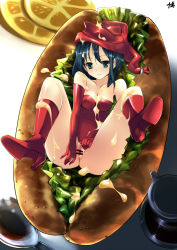 Rule 34 | 1girl, bad id, bad pixiv id, black hair, blue hair, boots, breasts, censored, cleavage, cofepig, food, green eyes, hat, high heels, highres, in food, messy, mini person, minigirl, no panties, original, pussy, shoes, solo, spread legs, spread pussy