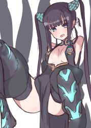 Rule 34 | 1girl, absurdres, bare shoulders, black dress, black thighhighs, blue eyes, blush, breasts, china dress, chinese clothes, cleavage, dress, fate/grand order, fate (series), hair ornament, highres, kopaka (karda nui), large breasts, long hair, looking at viewer, open mouth, pelvic curtain, purple hair, restrained, sidelocks, suspension, tentacles, thighhighs, thighs, twintails, very long hair, yang guifei (fate), yang guifei (third ascension) (fate)
