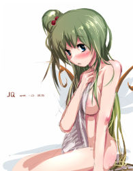 Rule 34 | 1girl, bad id, bad pixiv id, blue eyes, blush, breasts, covering privates, covering breasts, daiyousei, female focus, green hair, highres, jq, long hair, nude, nude cover, side ponytail, sitting, sketch, solo, embodiment of scarlet devil, touhou, towel, very long hair, wings