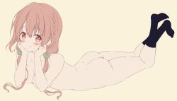 Rule 34 | 1girl, ass, back, black socks, blush, braid, breasts, head rest, hinako note, legs up, lying, march-bunny, nude, on stomach, pink eyes, pink hair, sakuragi hinako, smile, socks, solo, solo focus, twintails, yellow background