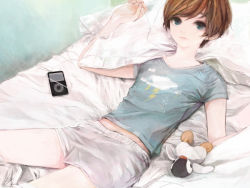 Rule 34 | 1girl, amber tobi, androgynous, atori (artist), bad id, bad pixiv id, bed, bird, blue eyes, brown hair, digital media player, ipod, looking at viewer, lying, on back, on bed, penguin, red hair, shirt, short hair, short shorts, short sleeves, shorts, solo, stuffed animal, stuffed toy, t-shirt