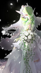 1girl bad_id bad_pixiv_id black_background bob_cut bouquet bridal_veil bride character_name colored_skin creatures_(company) dress falling_petals flower game_freak gardevoir gen_3_pokemon green_hair green_skin hair_over_one_eye highres holding holding_bouquet multicolored_skin nintendo petals pink_eyes pokemon pokemon_(creature) rose signature simple_background smile two-tone_skin veil wedding_dress white_dress white_flower white_rose white_skin yushe_quetzalli