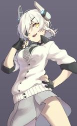 Rule 34 | 10s, 1girl, absurdres, alternate color, breasts, cardigan, eyepatch, gloves, headgear, highres, kantai collection, necktie, open mouth, personification, school uniform, short hair, sleeves rolled up, solo, sonomura, tenryuu (kancolle), white hair, yellow eyes