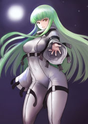 Rule 34 | 1girl, breasts, c.c., code geass, covered erect nipples, covered navel, floating hair, full moon, green hair, highres, johan (johan13), long hair, long sleeves, medium breasts, moon, outdoors, outstretched arm, sidelocks, sky, sleeves past fingers, sleeves past wrists, solo, star (sky), starry sky, straitjacket, very long hair, yellow eyes