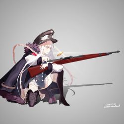 Rule 34 | bolt action, boots, casing ejection, cross, dated, full body, fur-trimmed jacket, fur trim, girls&#039; frontline, grey background, gun, hat, high heels, highres, iron cross, jacket, jacket on shoulders, kar98k (girls&#039; frontline), long hair, long sleeves, masamune (mathumbnail), mauser 98, on one knee, peaked cap, red eyes, rifle, shadow, shell casing, solo, thigh boots, thighhighs, twitter username, weapon, white hair