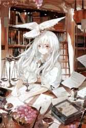 Rule 34 | 1girl, animal, animal on head, bird, bird on head, blush, book, bookshelf, candle, cup, desk, dove, flower, food, fruit, grapes, indoors, ladder, long hair, muted color, neck ribbon, on head, open mouth, original, pale skin, paper, puffy short sleeves, puffy sleeves, qtonagi, red eyes, ribbon, short sleeves, signature, silver hair, sitting, solo, surprised, weighing scale