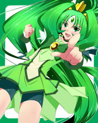Rule 34 | 10s, 1girl, bike shorts, bike shorts under skirt, blush, bow, bowtie, choker, clenched hand, cure march, dress, green bow, green bowtie, green dress, green eyes, green hair, green shorts, green skirt, green theme, highres, kotuzui yositune, long hair, magical girl, matching hair/eyes, midorikawa nao, pointing, ponytail, precure, shorts, shorts under skirt, skirt, smile, smile precure!, solo, tri tails