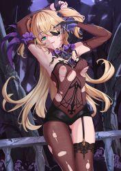 Rule 34 | 1girl, absurdres, armpits, arms up, bare shoulders, black dress, black gloves, blonde hair, bow, bowtie, breasts, brown thighhighs, commission, commissioner upload, cum, detached sleeves, dress, eyepatch, fischl (genshin impact), fishnets, garter straps, genshin impact, gloves, gluteal fold, green eyes, hair ornament, highres, long hair, long sleeves, looking at viewer, medium breasts, nev (nevblindarts), open mouth, resolution mismatch, single glove, single leg pantyhose, single thighhigh, solo, source smaller, tailcoat, thighhighs, thighs, torn clothes, two side up