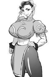 Rule 34 | breasts, capcom, chun-li, hair buns, large breasts, monochrome, street fighter, thick thighs, thighs