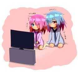 Rule 34 | 2girls, :&lt;, :t, absurdres, ai (idaten93), barefoot, blue eyes, blue hair, blush, closed mouth, commentary request, controller, dress, flat screen tv, game controller, gradient hair, grey dress, hair over one eye, highres, idaten93, long hair, long sleeves, multicolored hair, multiple girls, orange hair, original, pajamas, pink background, pink dress, pink hair, playing games, purple hair, red eyes, rom (idaten93), seiza, sitting, sleeves past wrists, television, translation request, two-tone background, wariza, wavy mouth, white background
