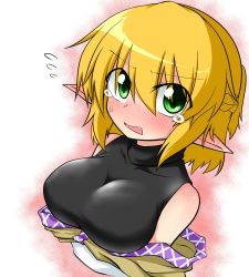 Rule 34 | 1girl, arm warmers, bare shoulders, blonde hair, blush, breast hold, breasts, ear blush, embarrassed, fang, flying sweatdrops, green eyes, large breasts, looking at viewer, mizuhashi parsee, nose blush, one-hour drawing challenge, open mouth, pointy ears, short hair, sleeveless, solo, sumiya nadateru, sweat, tears, touhou, turtleneck, upper body