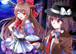 Rule 34 | 2girls, belt, bow, brown eyes, brown hair, chain, cloud, coat, cup, e.o., full moon, gourd, hair bow, hat, hat ribbon, horn ornament, horn ribbon, horns, ibuki suika, long hair, long sleeves, loose necktie, moon, multiple girls, necktie, night, one eye closed, oni horns, open clothes, open coat, open mouth, pouring, red eyes, ribbon, sakazuki, shirt, sky, sleeveless, sleeveless shirt, smile, tie clip, touhou, trench coat, usami renko, very long hair, wrist cuffs