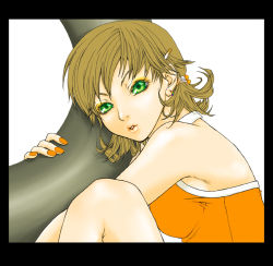 Rule 34 | 1girl, bare arms, border, breasts, brown hair, final fantasy, final fantasy viii, green eyes, hair between eyes, hair ornament, hairclip, looking at viewer, medium breasts, nail polish, orange nails, orange shirt, pouty lips, selphie tilmitt, shirt, short sleeves, short twintails, sitting, solo, tachibana chata, twintails, upper body, white background
