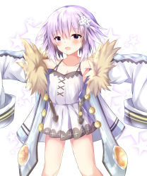 Rule 34 | 1girl, :d, bare shoulders, blanc (neptunia), blanc (neptunia) (cosplay), blush, breasts, cleavage, coat, collarbone, commentary request, cosplay, d-pad, d-pad hair ornament, dress, fur trim, hair between eyes, hair ornament, highres, looking at viewer, neptune (neptunia), neptune (series), open mouth, outstretched arms, ray 726, short hair, small breasts, smile, solo, spaghetti strap, star (symbol), starry background, very long sleeves, white dress