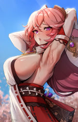 Rule 34 | 1girl, absurdres, animal ears, armpit focus, armpits, arms behind head, arms up, bare shoulders, blush, breasts, detached sleeves, earrings, fox ears, fox girl, foxyreine, genshin impact, highres, japanese clothes, jewelry, large breasts, long hair, looking at viewer, miko, pink hair, purple eyes, sideboob, solo, sweat, yae miko