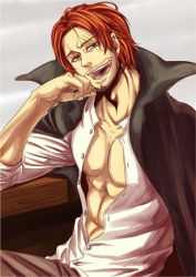Rule 34 | 1boy, abs, head rest, jacket, jacket on shoulders, jurimo, male focus, one piece, open clothes, open collar, open shirt, red hair, scar, shanks (one piece), shirt, sitting, solo, white shirt