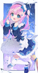 Rule 34 | 1girl, :d, blue bow, blue dress, blue eyes, blue footwear, blue hair, bow, broom, clenched hands, commentary request, commission, dress, frilled dress, frills, hair bow, hair ornament, hands up, highres, indie virtual youtuber, jamu, kanahoshi hikari, long hair, long sleeves, looking at viewer, maid headdress, multicolored hair, open mouth, pink hair, puffy long sleeves, puffy sleeves, shoes, skeb commission, sleeves past wrists, smile, solo, star (symbol), star hair ornament, star in eye, streaked hair, striped bow, striped clothes, striped thighhighs, symbol in eye, thighhighs, twintails, vertical-striped clothes, vertical-striped thighhighs, very long hair, virtual youtuber, white thighhighs