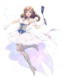 Rule 34 | 1girl, :d, bare shoulders, boots, braid, breasts, bright pupils, brown hair, commentary request, corset, curly hair, detached sleeves, dress, full body, gloves, hair ribbon, high heel boots, high heels, highres, knee boots, large breasts, long hair, looking at viewer, oosuki mamako, open mouth, outstretched arm, pochi (pochi-goya), puffy detached sleeves, puffy sleeves, purple eyes, ribbon, simple background, smile, solo, spatula, tsuujou kougeki ga zentai kougeki de ni-kai kougeki no okaasan wa suki desu ka?, white background, white dress, white gloves