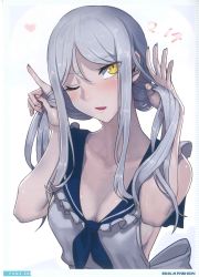 Rule 34 | 1girl, absurdres, abyssal ship, alternate hairstyle, apron, blush, breasts, bunching hair, cleavage, collarbone, hair between eyes, heart, highres, holding, holding own hair, kantai collection, long hair, looking at viewer, medium breasts, one eye closed, open mouth, pale skin, scan, simple background, smile, solo, ta-class battleship, twintails, valentine, walzrj, white hair, yellow eyes