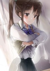 Rule 34 | 1girl, blouse, blush, brown eyes, brown hair, classroom, closed mouth, curtains, day, desk, highres, indoors, long hair, long sleeves, original, pleated skirt, saya (mychristian2), school, school desk, school uniform, shirt, sidelocks, skirt, solo, sweater vest, twintails, undressing, upper body, white shirt