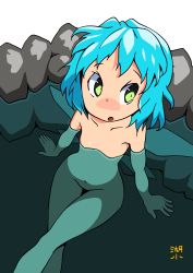 Rule 34 | 1girl, absurdres, artist name, breasts, cirno, collarbone, crossed legs, flat chest, green eyes, highres, huxiao (mistlakefront), ice, ice wings, navel, nude, onsen, partially submerged, short hair, sitting, solo, stone, touhou, water, white background, wings