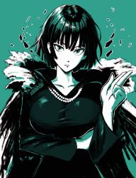 Rule 34 | 1girl, arm under breasts, artist name, breasts, collared dress, commentary, dress, english commentary, fubuki (one-punch man), green background, green eyes, highres, jewelry, large breasts, long sleeves, looking at viewer, miss faves, necklace, one-punch man, short hair, solo, upper body