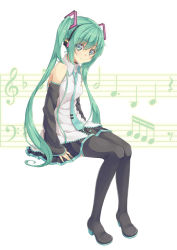 Rule 34 | 1girl, boots, detached sleeves, green eyes, green hair, hatsune miku, headset, long hair, looking at viewer, matching hair/eyes, musical note, necktie, sitting, skirt, solo, thigh boots, thighhighs, totika, twintails, very long hair, vocaloid