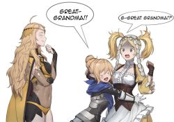 Rule 34 | 3girls, blonde hair, bodystocking, bodysuit, closed eyes, covered navel, crop top, dress, embarrassed, fire emblem, grandmother and granddaughter, hair bun, kana (female) (fire emblem), kana (fire emblem), lissa (fire emblem), long hair, mother and daughter, multiple girls, nintendo, open mouth, ophelia (fire emblem), revealing clothes, single hair bun, smile, twintails
