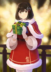 Rule 34 | 1girl, belt, black belt, black hair, blush, box, brown eyes, capelet, christmas, closed mouth, commentary request, cowboy shot, gift, gift box, gloves, haguro (kancolle), hair between eyes, hair ornament, holding, holding gift, kantai collection, long sleeves, pantyhose, red capelet, santa costume, short hair, smile, solo, tomoyo kai, white gloves, white pantyhose