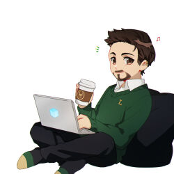 Rule 34 | 1boy, alternate costume, animification, at computer, black pants, black socks, brown eyes, brown hair, closed mouth, coffee cup, collared shirt, computer, cup, disposable cup, facial hair, full body, green sweater, holding, holding cup, long sleeves, looking afar, male focus, marvel, marvel cinematic universe, murdermuffinloki, musical note, pants, pillow, shirt, short hair, simple background, sitting, smile, socks, solo, sweater, tesseract, tony stark, white background, white shirt