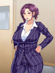 Rule 34 | 1girl, belt, blush, breasts, cleavage, collarbone, door, enoshima iki, formal, glasses, hands on own hips, highres, huge breasts, indoors, legs, long sleeves, looking at viewer, makeup, open mouth, original, ponytail, purple hair, red eyes, solo, standing, striped, suit, thighs