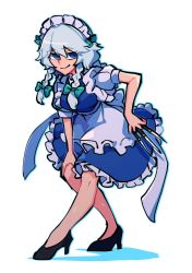 Rule 34 | 1girl, apron, between fingers, black footwear, blue dress, blue eyes, bow, braid, breasts, dress, full body, green bow, grey hair, hair between eyes, hair bow, hand on own knee, high heels, holding, iganashi1, izayoi sakuya, knife, leaning forward, looking to the side, maid, maid apron, maid headdress, medium breasts, medium hair, one-hour drawing challenge, puffy short sleeves, puffy sleeves, shadow, short sleeves, simple background, smile, smirk, solo, throwing knife, touhou, twin braids, waist apron, weapon, white apron, white background