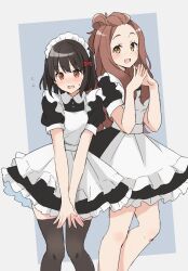 2girls :d apron black_dress black_hair black_thighhighs bob_cut bow brown_eyes brown_hair dress forehead hair_bow hibike!_euphonium highres hisaishi_kanade kenzaki_ririka long_hair looking_at_viewer maid maid_apron maid_headdress multiple_girls ogura_(sao_no) open_mouth puffy_short_sleeves puffy_sleeves red_bow short_hair short_sleeves smile standing thighhighs