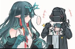 Rule 34 | +++, ..., 1girl, 1other, ambiguous gender, arknights, arm tattoo, black coat, black gloves, black hair, black jacket, blush, coat, colored skin, doctor (arknights), dragon girl, dragon horns, dress, dusk (arknights), earrings, gloves, green hair, green skin, hands up, holding, holding paintbrush, holding photo, hood, hood up, hooded coat, horns, jacket, jewelry, jitome, mask, multicolored hair, necktie, off shoulder, paintbrush, photo (object), pointy ears, red eyes, red necktie, shino duka, simple background, sleeveless, sleeveless dress, speech bubble, spoken ellipsis, streaked hair, tassel, tassel earrings, tattoo, upper body, white background, white dress