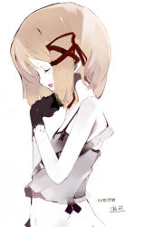 Rule 34 | 1girl, bare shoulders, black gloves, brown hair, camisole, closed eyes, colored skin, from side, gloves, hair ribbon, head down, kaede (sayappa), long sleeves, navel, original, red ribbon, ribbon, sad, sayappa, simple background, sleeveless, solo, white background, white skin